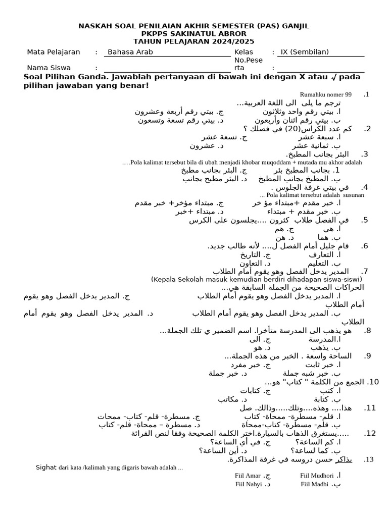 Soal Sas Bahasa Arab Kelas 9 2024-2025 PDF